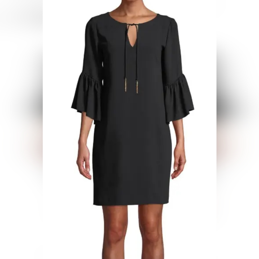 Trina Turk Black Flutter Bell Sleeve Tie Neck Gold Tassel Shift Dress. M. Nwt